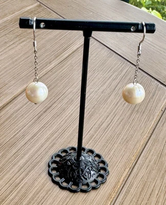 925 Sterling Silver Round Off-White Pearl Dangle Earrings Hypoallergenic 1.5”L - Image 1 of 4