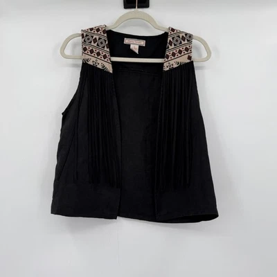 Western Fringe Vest Womens Black Small Boho Festival Embroidered Sleeveless - Image 1 of 4