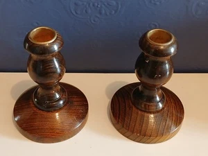 Pair of Vintage MCM Dark Oak & Brass Candle Holders 4.5" Tall VGC - Picture 1 of 4