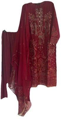 Talla Grande-Agha Noor Mujer 3 Piezas Gasa Fiesta/Boda Vestido Granate Foto 1 de 4