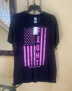 NWT Womens Large Black Pink Flag Breast Cancer Graphic T-shirt - Picture 1 of 7