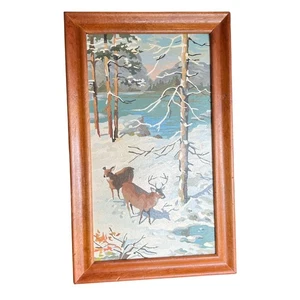 Vintage Rustic Wooden Framed Winter Deer Scenic Paint By Numbers Kitschy Artwork - Picture 1 of 14