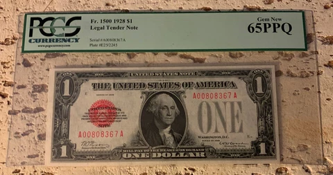 1928 $1 Legal Tender United States Note RED Seal FR# 1500 PCGS 65 PPQ GEM New Cover