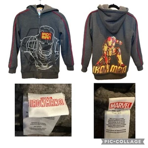 Marvel Iron Man 3 Boys Gray Hooded Jacket Size 10/12 Sherpa Lined Red Trim - Picture 1 of 6