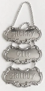 Vintage Gorham Sterling Liquor Decanter Bottle Tag Tags Gin Brandy Sherry Set 3 - Picture 1 of 5