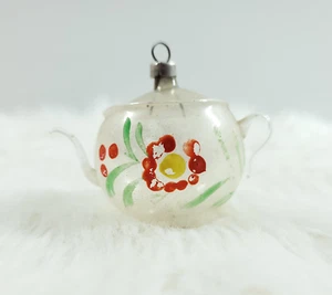 Vintage German Mercury Glass Figural Teapot Flowers Christmas Feather Ornament - Picture 1 of 6