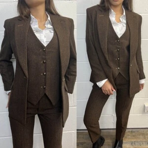 Women's Single Breasted Notch Lapel Suit Herringbone Tweed Jacket Warm Style - Picture 1 of 11