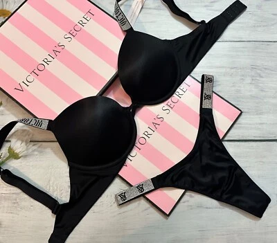 Victoria's Secret Shine Strap  Push-Up Bra VS Strap Thong Set Smooth Black - image 1 of 4
