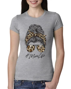 Mom Life Messy Hair Bandana Leopard Print Mothers Day Women Slim Fit Junior Tee - Picture 1 of 9