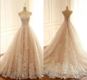 Champagne Wedding Dresses With Train Sleeveless Lace A Line Corset Bridal Gowns - Picture 1 of 9