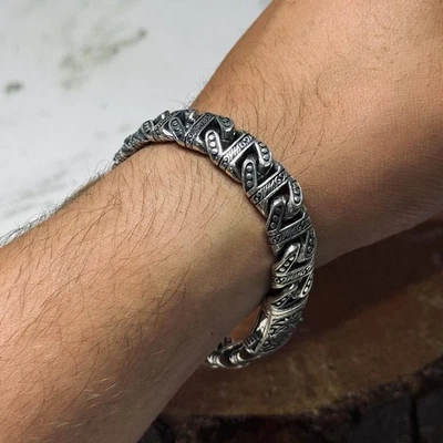 Solid Chain Bracelet Sterling Silver, Engraved Handmade Heavy Bracelet - Image 1 of 4