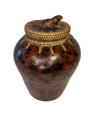 Rinjan Pottery Handcrafted Decorative Pot With Frog Lid Hand Tied Rattan F882 - Image 1 of 4