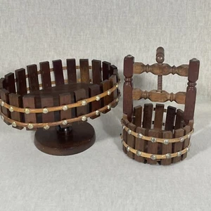Home Decor Retro Brass Vintage Pedestal Stand Nut Cracker Wooden Slat Barrel - Picture 1 of 20
