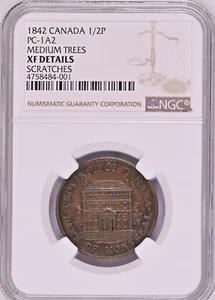 1842 Canada 1/2 Penny PC-1A2 Bank Token XF EF NGC, Medium Trees KM# Tn18 Beaver - Picture 1 of 2