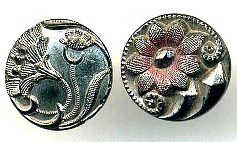 2 Extra Pretty Little Silvered Black Glass Art Nouveau Flower Antique Buttons Cover