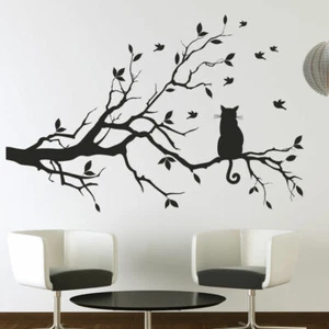 Cat on a Tree Branch with Birds Wall Art Sticker Vinyl Decal X-Large (AS10003) - Picture 1 of 2