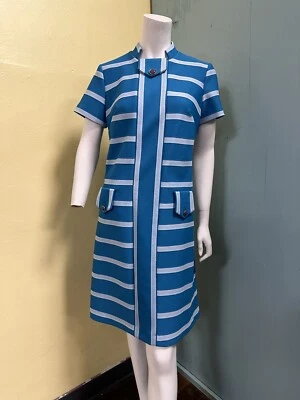 Vestido Vintage Años 70 Verde Azulado y Blanco Doble Tejido Poliéster S Foto 1 de 4