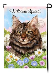 Welcome Spring Garden Flag - Brown Maine Coon Cat - Picture 1 of 1