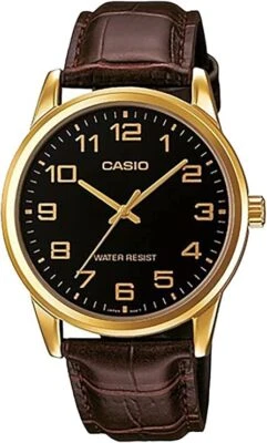 Reloj de vestir Casio MTP-V001GL-1B negro analógico cuero marrón bisel tono dorado para hombre Foto 1 de 4