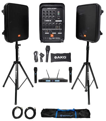 JBL EON208P 8" Bluetooth Speakes+Stands+Mixer+(2) Wireless UHF Microphones - Image 1 of 4