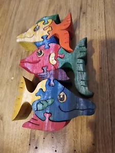 Handmade 15 Piece 3 Fish Wooden Cut Out Puzzle Colorful - Picture 1 of 5