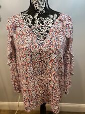 ana a new approach Women’s Floral Blouse W/ Ruffle On Sleeve & X’s On V-neck SzL