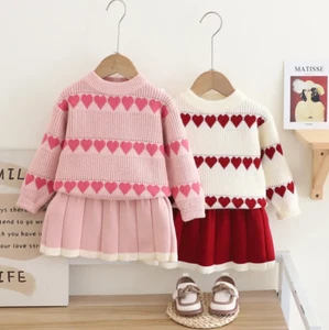 2Pcs Set Heart Knitted Sweater Short Skirt for Autumn Winter Baby Girls Outfits - Picture 1 of 12