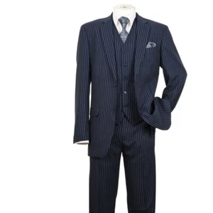 Men's 3 piece Luxurious Pinstriped Suit 2 Button Navy Black Brown Gray 38R~56L - Picture 1 of 10