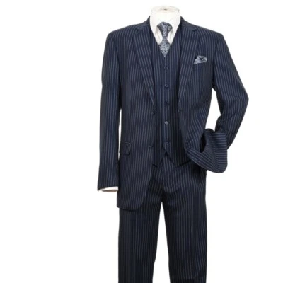 Men's 3 piece Luxurious Pinstriped Suit 2 Button Navy Black Brown Gray 38R~56L - Image 1 of 4