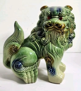 Vintage grüne & blaue Glasur 9" chinesische Keramik Shi Shi Foo Hund/Löwe rote Augen 70er - Bild 1 von 9