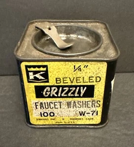 GRIZZLY FAUCET WASHERS VINTAGE TIN LITHO CONTAINER W-71, Made in U.S.A. - Picture 1 of 16