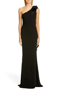 BADGLEY MISCHKA Black Rosette Beaded One Shoulder Grecian Draped Jersey Gown 8 M - Picture 1 of 7
