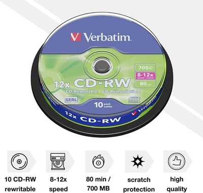 10 Verbatim CD-RW 1x  12x rewritable blank discs CD RW High Ultra burn (37A) - Image 1 of 3