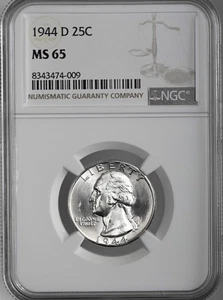 1944-D  25C WASHINGTON SILVER QUARTER "DENVER MINT" NGC MS65 #8343474-009 - Picture 1 of 4