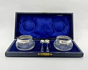 Antikes Paar 1914 massiv Silberrand geschliffen Kristall Salzkeller & Löffel Set gefasst - Bild 1 von 24