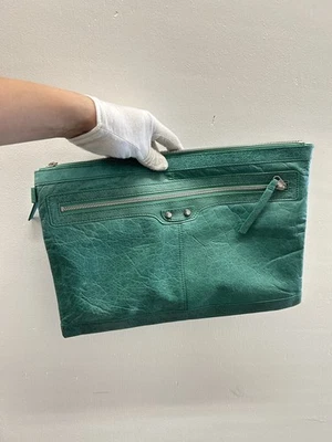 Authentic BALENCIAGA Crushed Leather Clutch Bag Black Men's City Pouch Green - Image 1 of 4