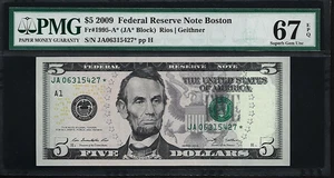 US $5 2009 PMG 67 EPQ UNC Fr #1995-A*Star Note FRN Boston Rios/Geithner - Picture 1 of 4
