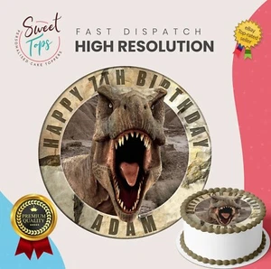 DINOSAUR (T REX) ROUND EDIBLE BIRTHDAY CAKE TOPPER DECORATION PERSONALISED - Picture 1 of 1