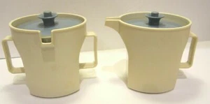Tupperware Cream and Sugar Set In Almond Blue Push Tops Vintage 1970s - Picture 1 of 5