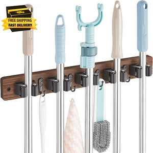 Mop and Broom Holder Wall Mount - Wood Broom Mop Hanger - Wall Mounted Garden To - Picture 1 of 7