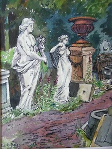 Sculpture Figures in a Reclamation Yard. Vintage Watercolour by Doreen Greig. - Picture 1 of 5