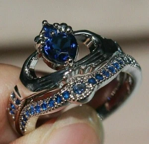 2Ct Heart Cut Simulated Sapphire Claddagh Bridal Ring Set 14K White Gold Plated - Picture 1 of 5