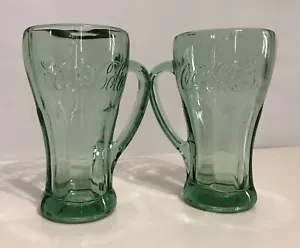 2 Vintage grüne Glas Coca-Cola dick schwer Glas Soda Becher mit Griff - Bild 1 von 3