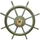 Large 19th Century Oak and Iron Ship’s Wheel in Old Green Paint
