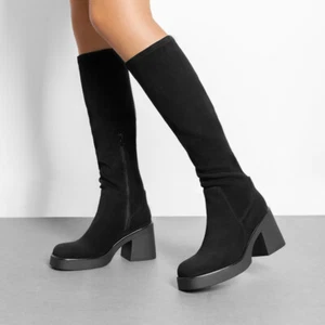 Women’s Knee High Platform Boots Chunky Block Heel Suede Zip-Up Tall Boots - Picture 1 of 18
