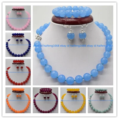Mode 8/10/12mm Mehrfarbig Runde Edelstein Perlen Halskette Armband Ohrringe Set - Bild 1 von 4