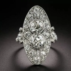 Art Deco Double Diamond Women's Anniversary Engagement Ring In Sterling Silver - Picture 1 of 9