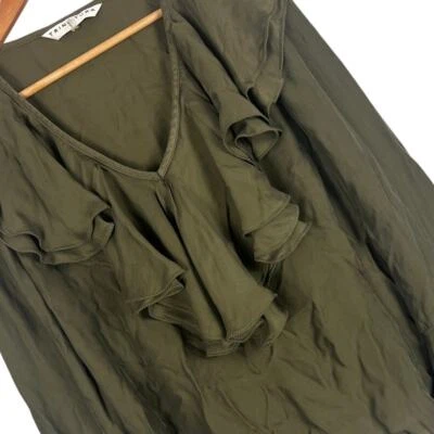 Blusa elegante TRINA TURK para mujer M verde cuello en V manga larga con volantes semi transparente Foto 1 de 4