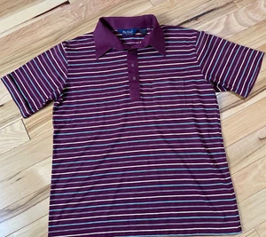 Camisa polo vintage par cuatro talla Lg a rayas de golf manga corta azul granate amarillo - Imagen 1 de 3