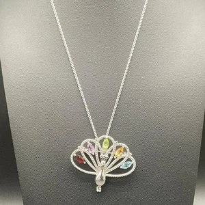 Sterling Silber Pfau Anhänger Brosche mit Multi-Edelsteinen an 17" Kette OG Box - Bild 1 von 8